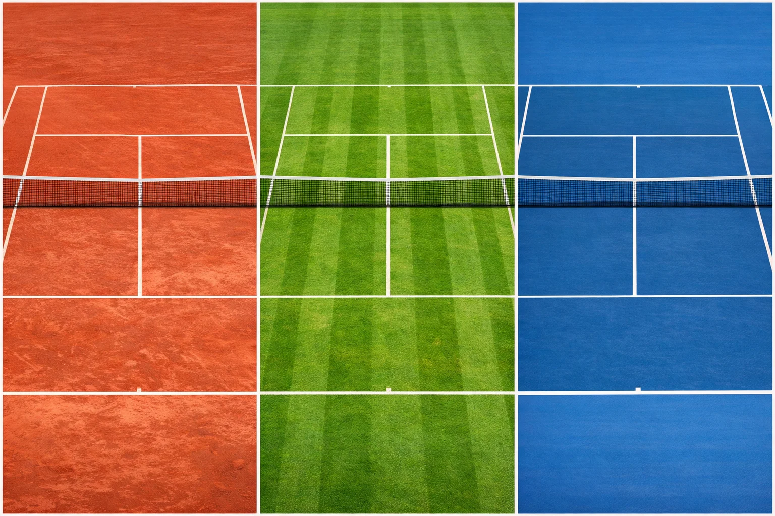 Tre campi da tennis affiancati con superfici diverse: terra battuta rossa, erba verde e cemento blu