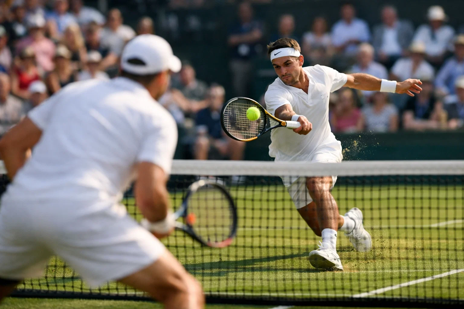 Scambio intenso durante una partita di tennis dal vivo