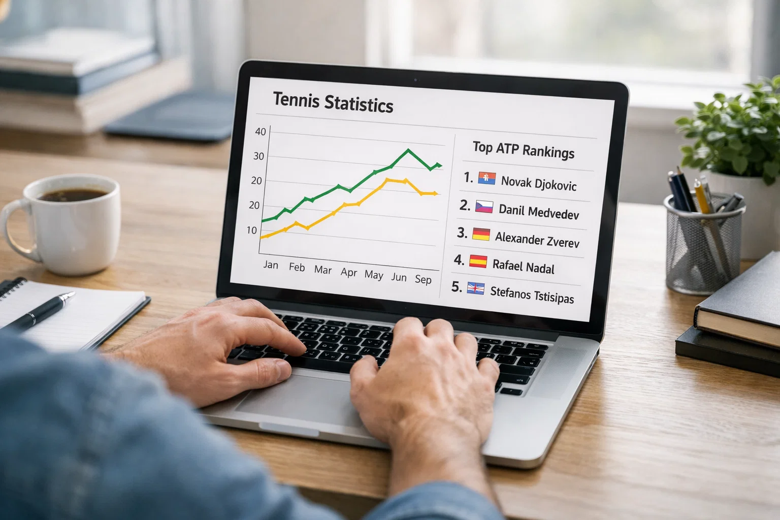 Persona che analizza statistiche di tennis su laptop