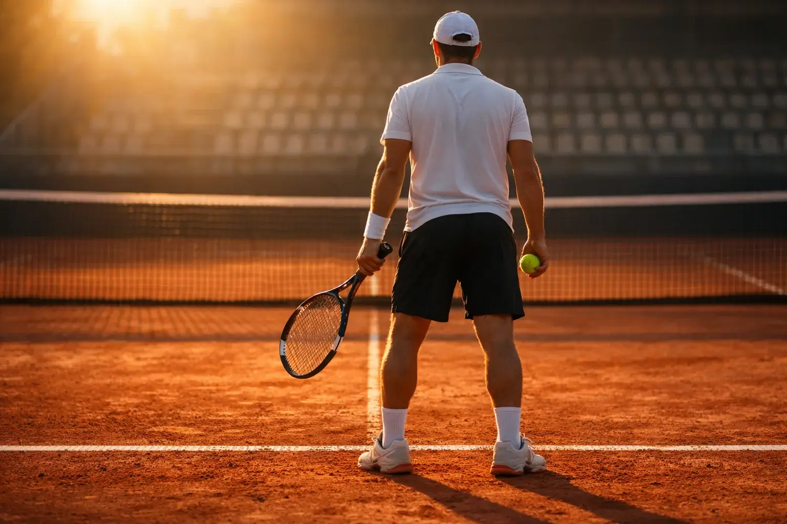 Giocatore di tennis che studia il campo avversario prima del servizio su terra battuta al tramonto